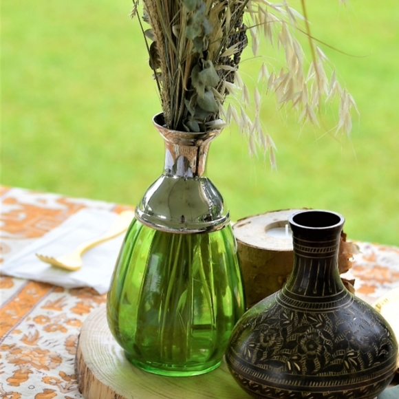 Green Glass Bud Vase with Silver Neck Detail - Picture 3 of 7